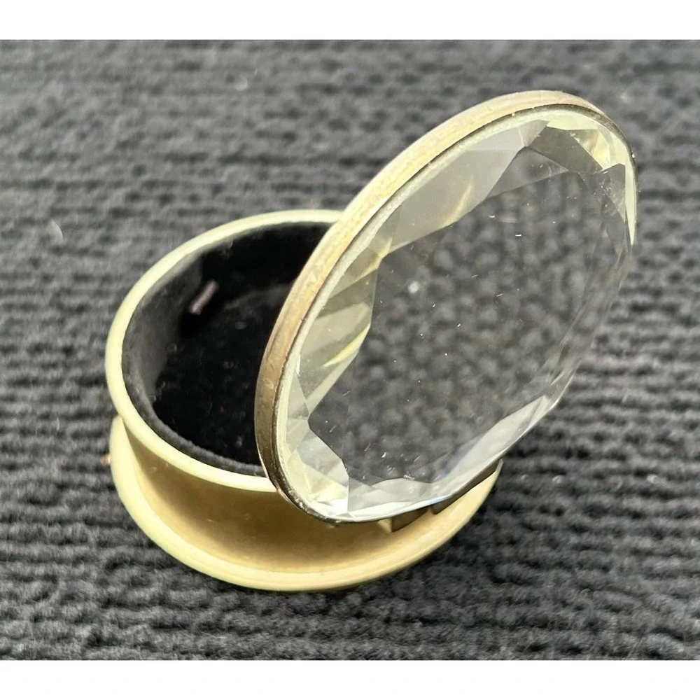 Vintage Brass Round Jewelry Ring Box‎ Faceted Glass Lid Velvet Lined Trinket Box